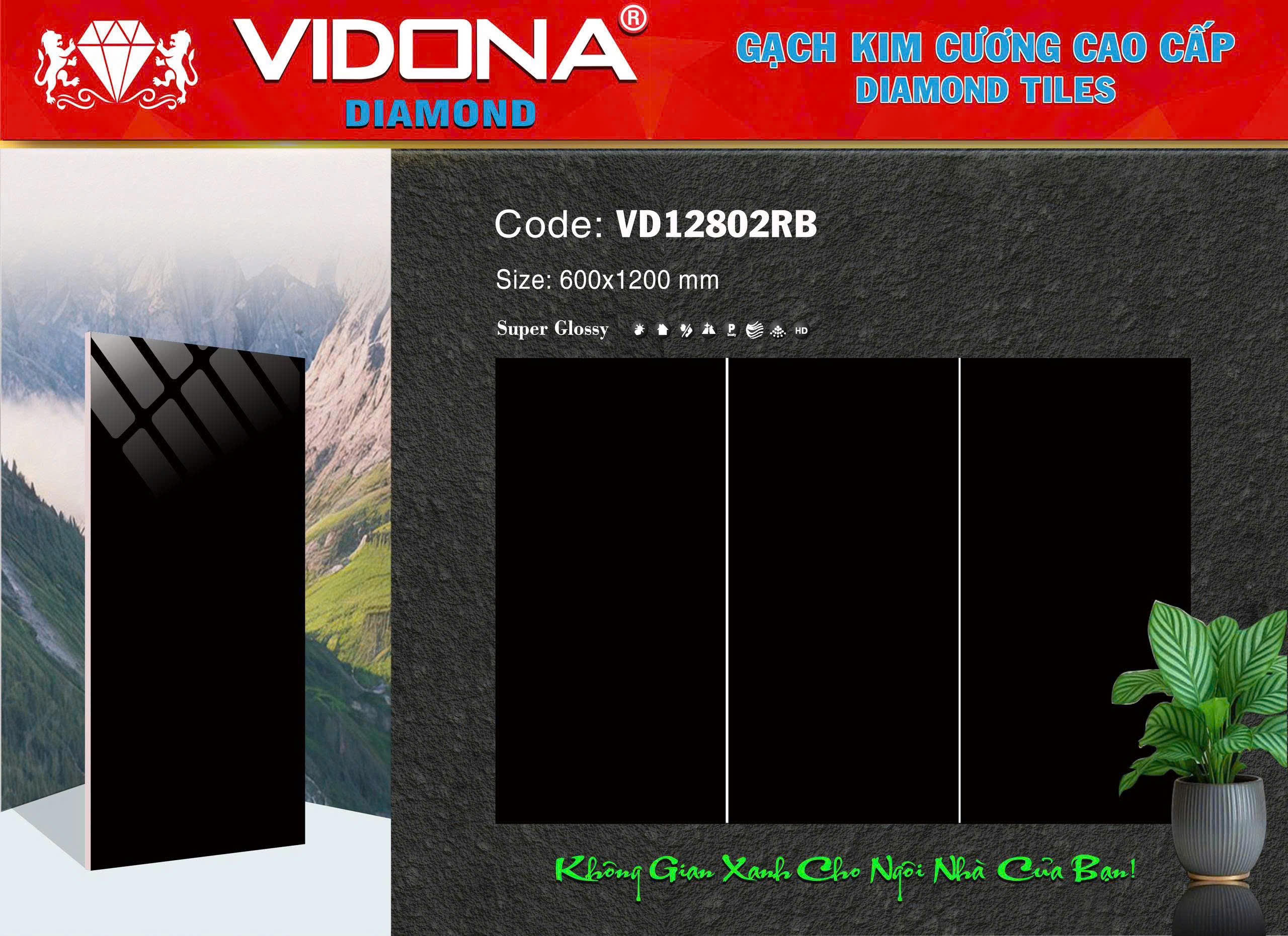 Gạch VIDONA Diamond Đen Bóng Cao Cấp 600x1200
